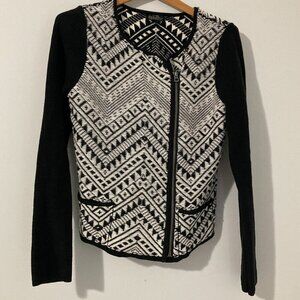 Lucky Brand Women Size M Geometric Sweater Zip Front Black White Textured Pocket